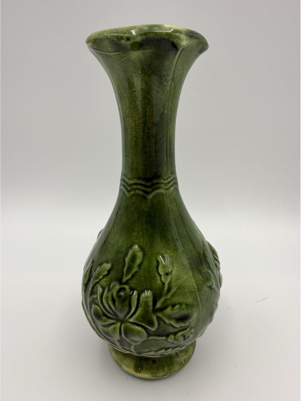 Vintage Green Floral Handmade Signed Vase 6”